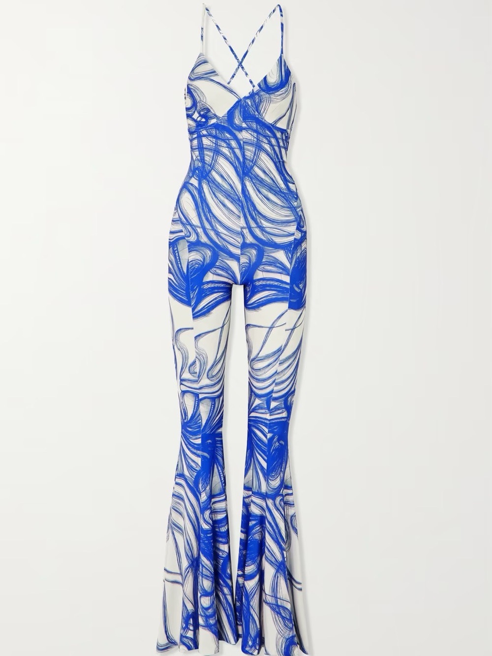 Norma Kamali Blue and White Swirl Print Flared Low Back Jumpsuit - Picture 3 of 9
